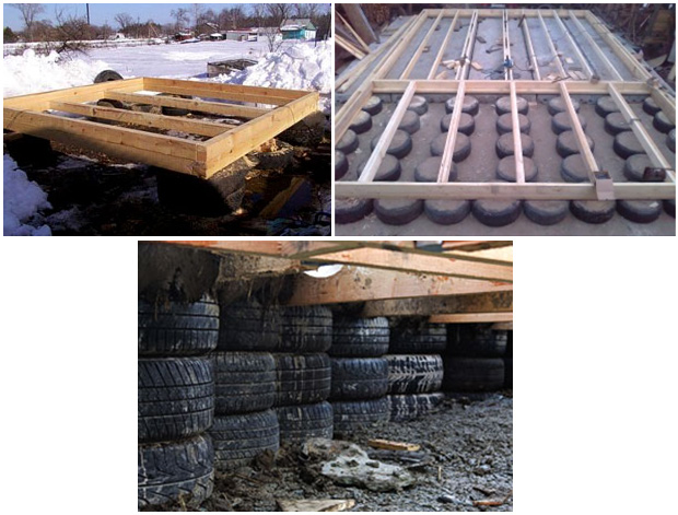 Установка деревянных балок на фундамент из покрышек