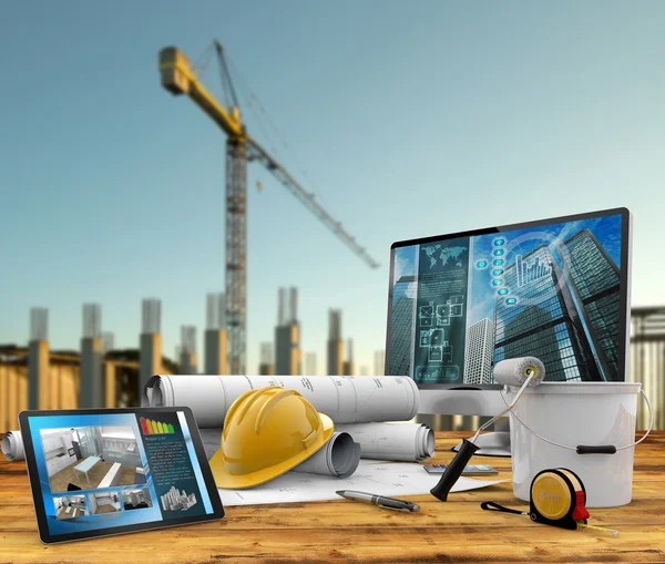 Рабочие инструменты строителя в строительной площадки — стоковое изображение Рабочие инструменты строителя в строительной площадки Стоковое Изображение